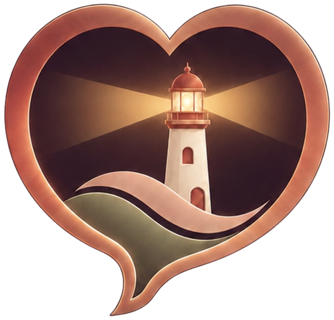 Heart-shaped MendHarbor mark with a glowing lighthouse